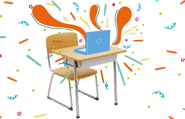 illustration of laptop on desk with multicolored shapes and lines popping out of the computer
